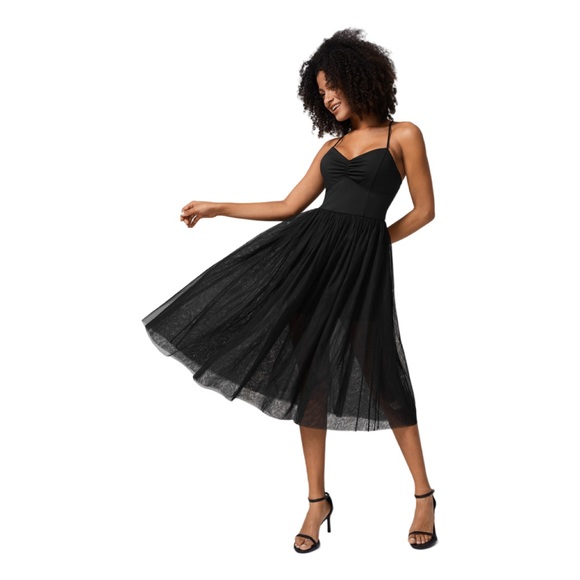 HALARA Dresses & Skirts - Halara V Neck Backless Mesh Tulle Midi Dress Fairy Balletcore Whimsigoth NWT